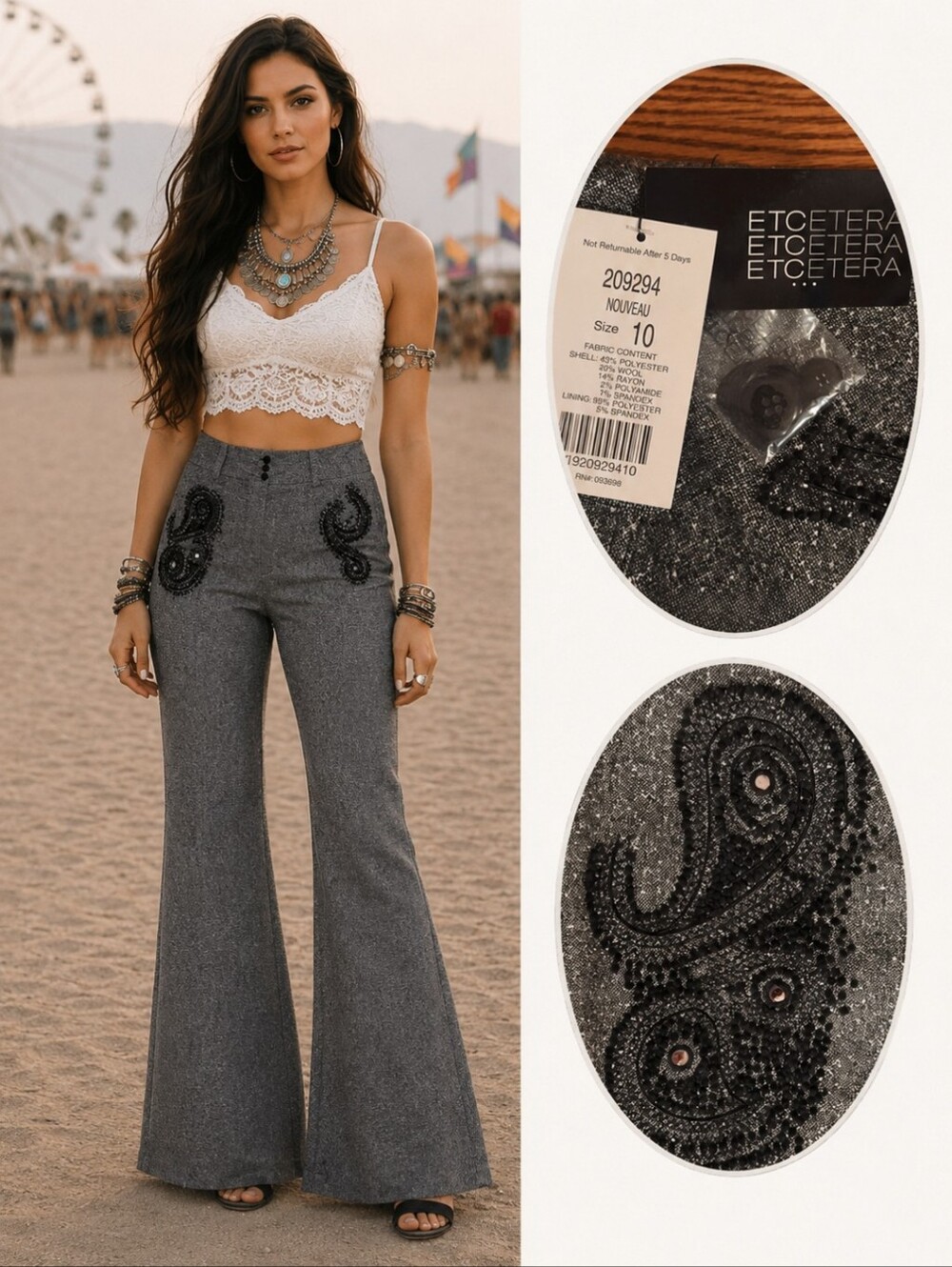 New Dark wool blend textured tweed Paisley embellished trousers NWT sz 10 - Picture 1 of 10